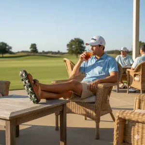 A relaxed golfer enjoying the clubhouse patio, showcasing the casual style of his mens golf sandals.