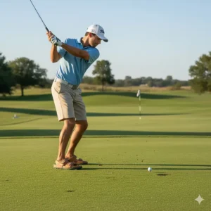 Golfer wearing mens golf sandals takes a smooth swing from the fairway.