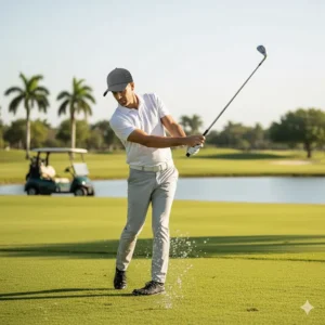 A man wearing a stylish, dark-colored cooling golf hat while taking a swing on the green.
