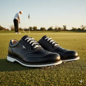 A classic black and white style of men's wide fit golf shoes from a popular brand.