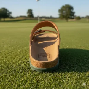 Detail of the cushioned footbed and arch support, ensuring all-day comfort in these mens golf sandals.