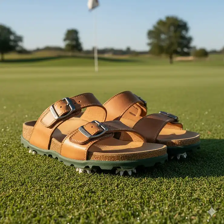 Mens golf sandals with adjustable straps, perfect for summer rounds on the course.