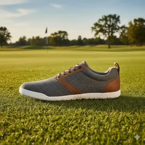 Side view of a men's minimalist golf shoe, showcasing its zero-drop heel for better balance and posture during the swing.