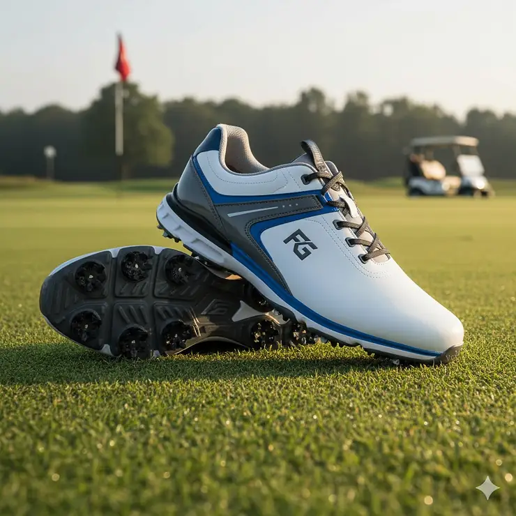 A new pair of mens spiked golf shoes with waterproof leather uppers, ready to wear for better stability on the course.