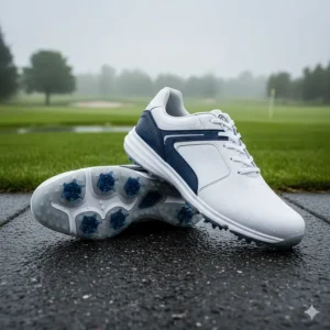 A new, stylish pair of men's waterproof golf shoes, showcasing a modern athletic design suitable for the course.