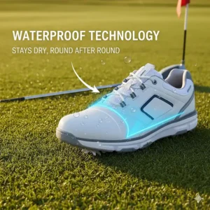 Close-up of the waterproof membrane on men's wide golf shoes for play in wet conditions.
