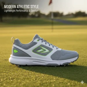 A full view of the athletic, sneaker-like style of modern wide golf shoes for men.