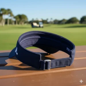 A practical navy blue golf visor showing the adjustable strap at the back.