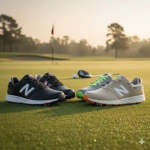 A display of the available color options for the newest collection of New Balance men's golf shoes.