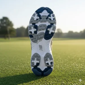 Close-up of the durable New Balance spikeless golf shoe sole with advanced traction technology.