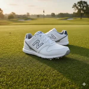 The sleek New Balance Striker model, one of the top-rated men's golf shoes.
