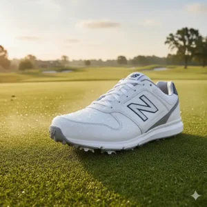A shot highlighting the waterproof New Balance men's golf shoe upper material and construction.