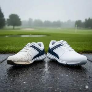 Comparing a worn, non-waterproof shoe to a brand-new pair of guaranteed waterproof golf shoes, illustrating the technology difference.