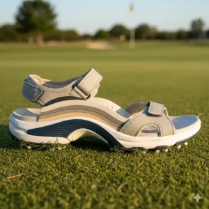 View of the contoured footbed and arch support found in these orthopedic golf sandals for women.