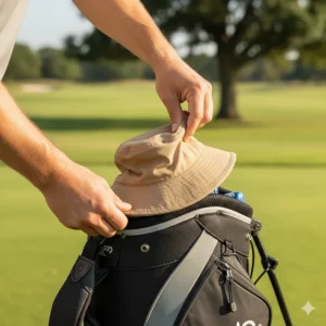 A flexible, packable golf bucket hat being easily folded into a golf bag pocket.