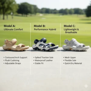 Side-by-side comparison of features from three top-rated best women's golf sandals models.