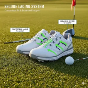 Diagram demonstrating the secure lacing system to customize the fit of men's extra wide golf shoes.
