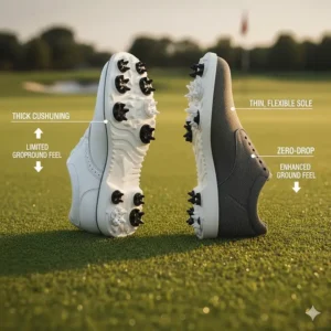 Diagram comparing the thick, cushioned midsole of a standard shoe to the thin, flexible sole of a barefoot vs traditional golf shoes alternative.