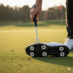 Image of a spike replacement tool being used to change out worn-out cleats on a traditional spiked golf shoe.