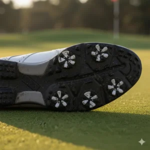 Close-up of a spiked golf shoe sole, showing the replaceable cleats designed for maximum traction on the course.