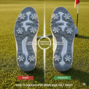 Illustration comparing the durable spiked and spikeless outsoles on various men's wide golf shoes.