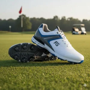 Side-by-side comparison of traditional mens spiked golf shoes and the newer spikeless design options for golfers.