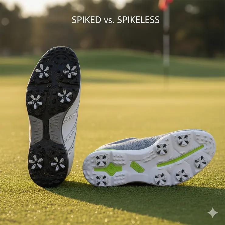 Side-by-side comparison of a spiked golf shoe and a spikeless golf shoe, highlighting the differences in the outsole for better turf interaction. spiked vs spikeless golf shoes