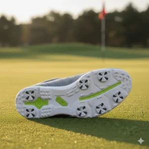 Detailed view of the spikeless golf shoe outsole, featuring rubber nubs and lugs that provide grip and versatility.