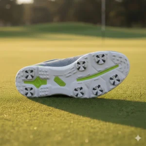 Detail of a spikeless golf shoe's grip pattern on a firm fairway, offering versatile traction on various surfaces.