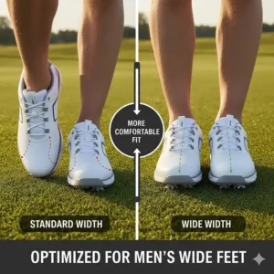 Visual comparison of standard-width versus wide golf shoes to ensure a proper fit for men.