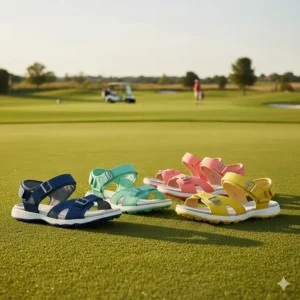 A range of colorful and fashionable women's golf sandals, blending style with on-course performance.