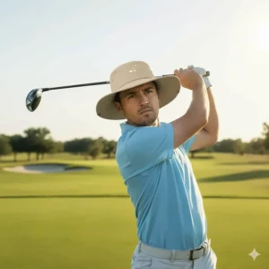 Golfer teeing off wearing a UPF-rated sun protection golf bucket hat.