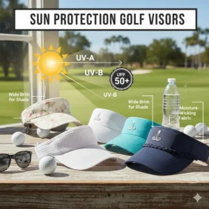 Graphic highlighting the sun protection features of high-quality golf visors with UPF rating.