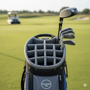 Close-up of the top cuff showing the individual slots and full-length dividers inside a golf bag.