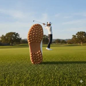 Detail shot of the flexible outsole and tread pattern providing reliable traction for barefoot golf shoes on the course.