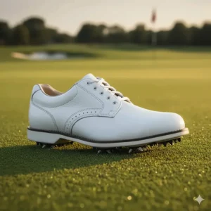 Close-up of the rigid structure and aggressive spikes on a typical traditional golf shoe for maximum traction.
