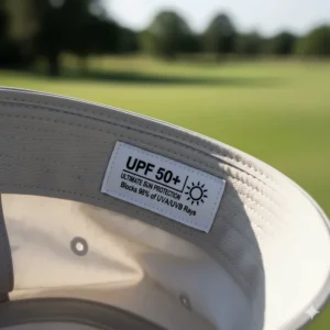 Tag showing **UPF 50+** on the inside of a highly rated sun-protective golf hat.