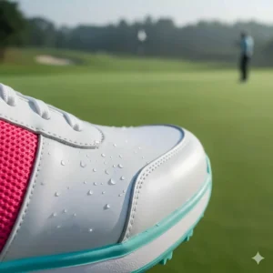 Detail shot of the seam-sealed construction on water-resistant women's golf footwear to ensure dry comfort.