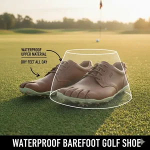 Image of waterproof barefoot golf shoes on dew-covered grass, showing the durable, water-resistant upper material.