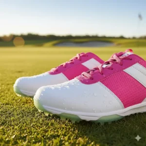 Water beading up on the surface of a pair of waterproof girls golf shoes, keeping feet dry.