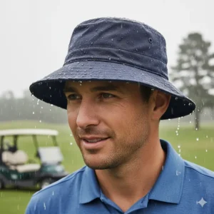 Close-up of a waterproof **golf bucket hat** being worn during light rain.