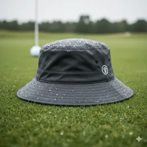 Detail of a waterproof golf bucket hat with a wide brim for maximum sun protection.