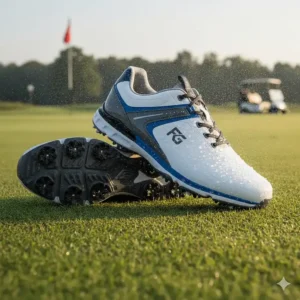 Water droplets bead up on the advanced waterproof material of the men's spiked golf shoes, keeping feet dry.
