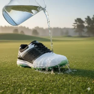 Demonstrating the full waterproof protection of the new mens golf shoes against dew and rain.