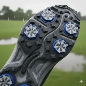 The sole of a modern waterproof golf shoe, featuring integrated spikes and advanced traction for superior grip in wet conditions.