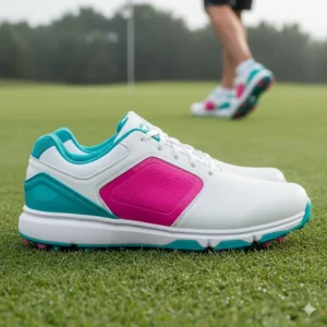 Side profile of the latest style of waterproof ladies golf shoe, showing the protective membrane.