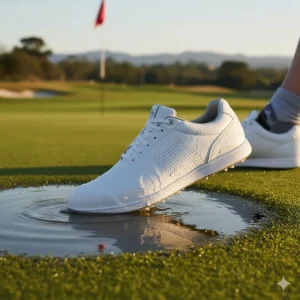A pair of waterproof wide golf shoes sitting next to a puddle, demonstrating the material's protection against wet conditions.