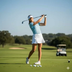 Woman wearing a classic white golf visor while taking a perfect swing on the green.