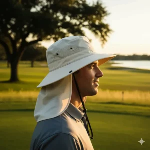 Side view of a wide-brim golf hat, offering maximum shade and sun protection.