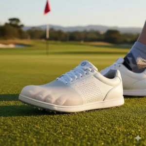 Close-up view of the wide toe box in a golf shoe, illustrating the spacious, non-pinching fit for golfers with broader feet.